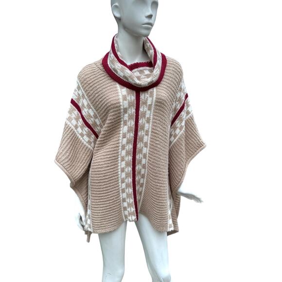 Yaira Beige Acrylic Knit Geometric Print Cowl Neck Soft Poncho Sweater O/S - Picture 1 of 10
